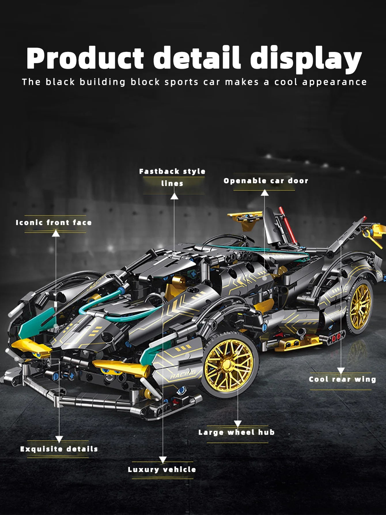 1:14DIY modèle de voiture de sport super noir bloc de construction de voiture de sport jeu d'assemblage jouets cadeaux de festival ornements et décorations pour la maison