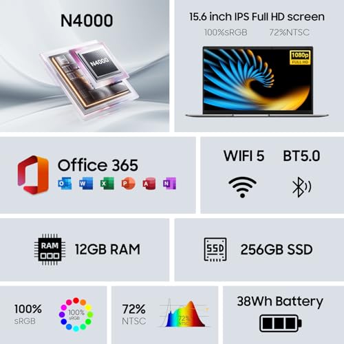 15.6" Window 11 Pro Laptop with 8GB RAM, 256GB SSD, MS Office 365, 100% sRGB Display, N4000 Processor, Dual-Band Wi-Fi, Bluetooth 4.2, USB-A, HDMI, 1920x1080 FHD Display