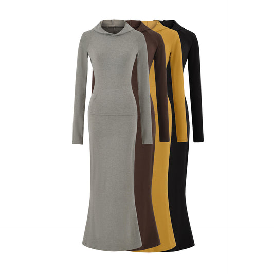 Round neck slim fit figure enhancing hooded long sleeved dress