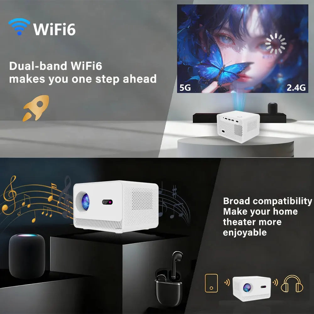 Mini Projecteur M10 4K Ultra HD – Android 13 | Wi-Fi 6 Double Bande | Projecteur Intelligent Home Cinéma