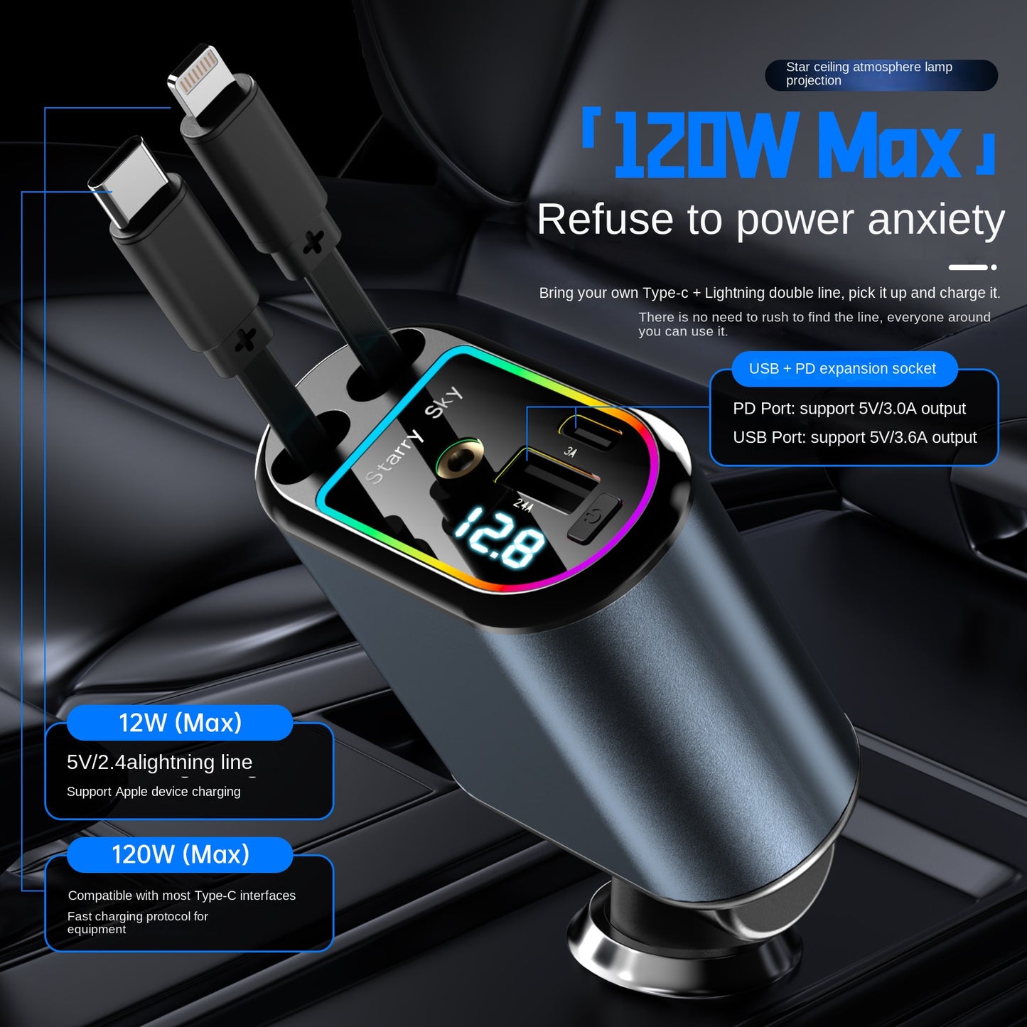 New C9 Starry Sky Fast Charging 120W Retractable Car Charger with 4-in-1 Multi-functional Digital Display