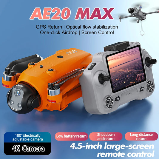 Nouveau Drone GPS AE20 MAX, caméra professionnelle 4K, 5G FPV, goutte d'air sans balais, évite les obstacles, contrôle de l'écran, jouets quadrirotor pliables