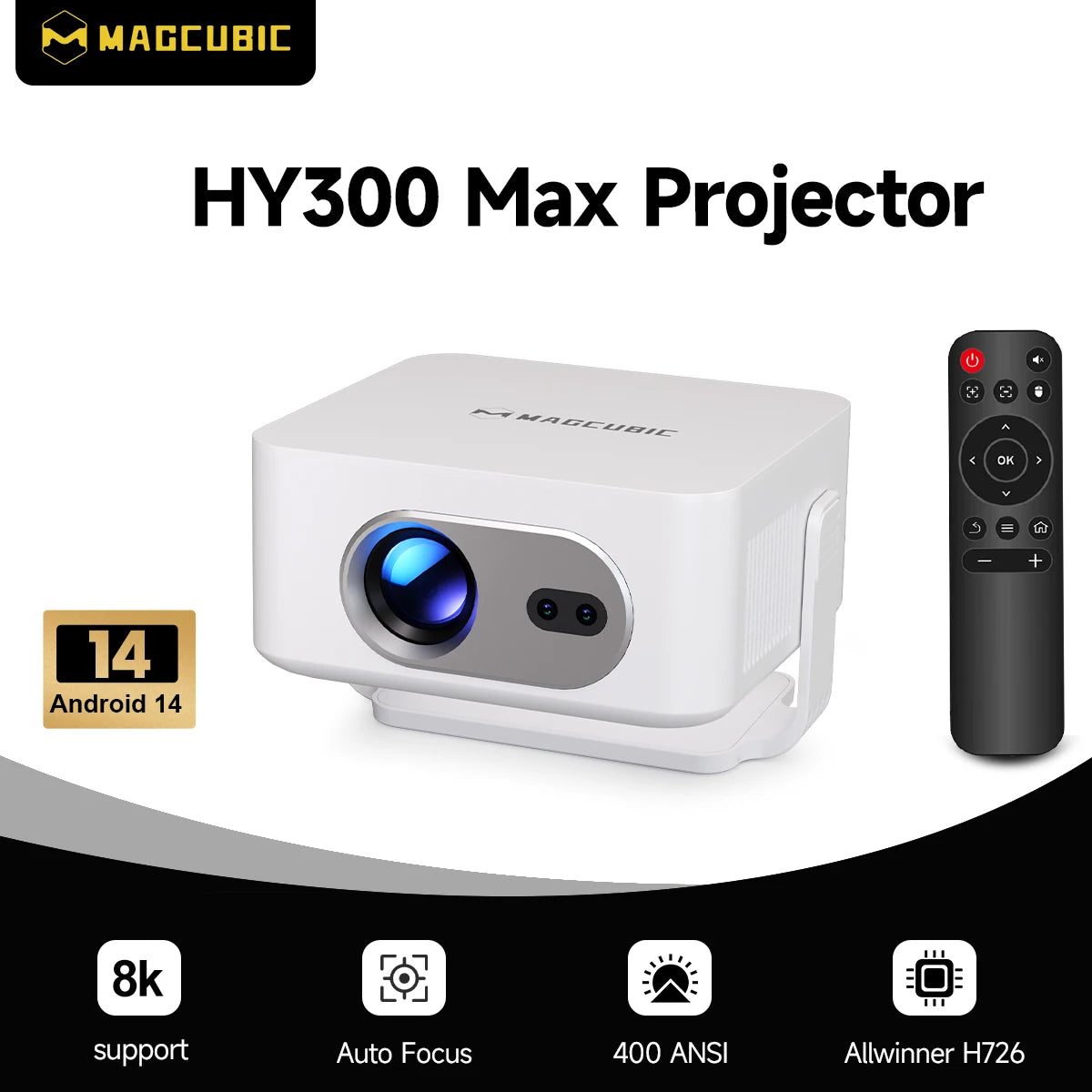 Magcubic – projecteur Android 14 4K à mise au point automatique, 400ANSI 8K natif 720P HY300 Max, avec Wifi6 BT5.4 Allwinner H726, Portable pour l'extérieur