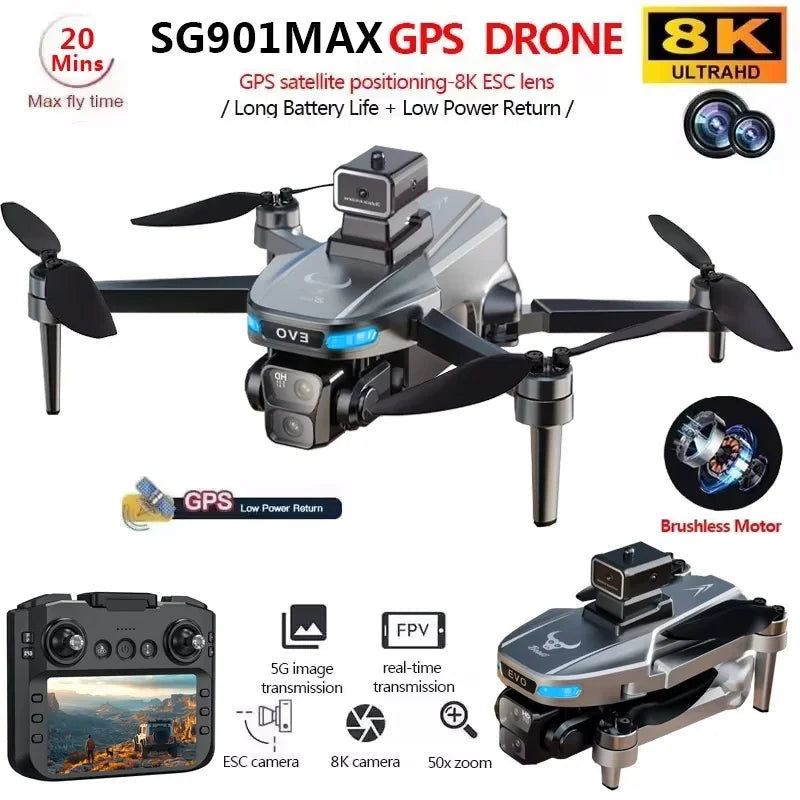 SG901MAX GPS Drone 8K double caméra professionnelle HD avec écran 5G WIFI 360 ° Drone quadrirotor pliable sans balais pour éviter les obstacles