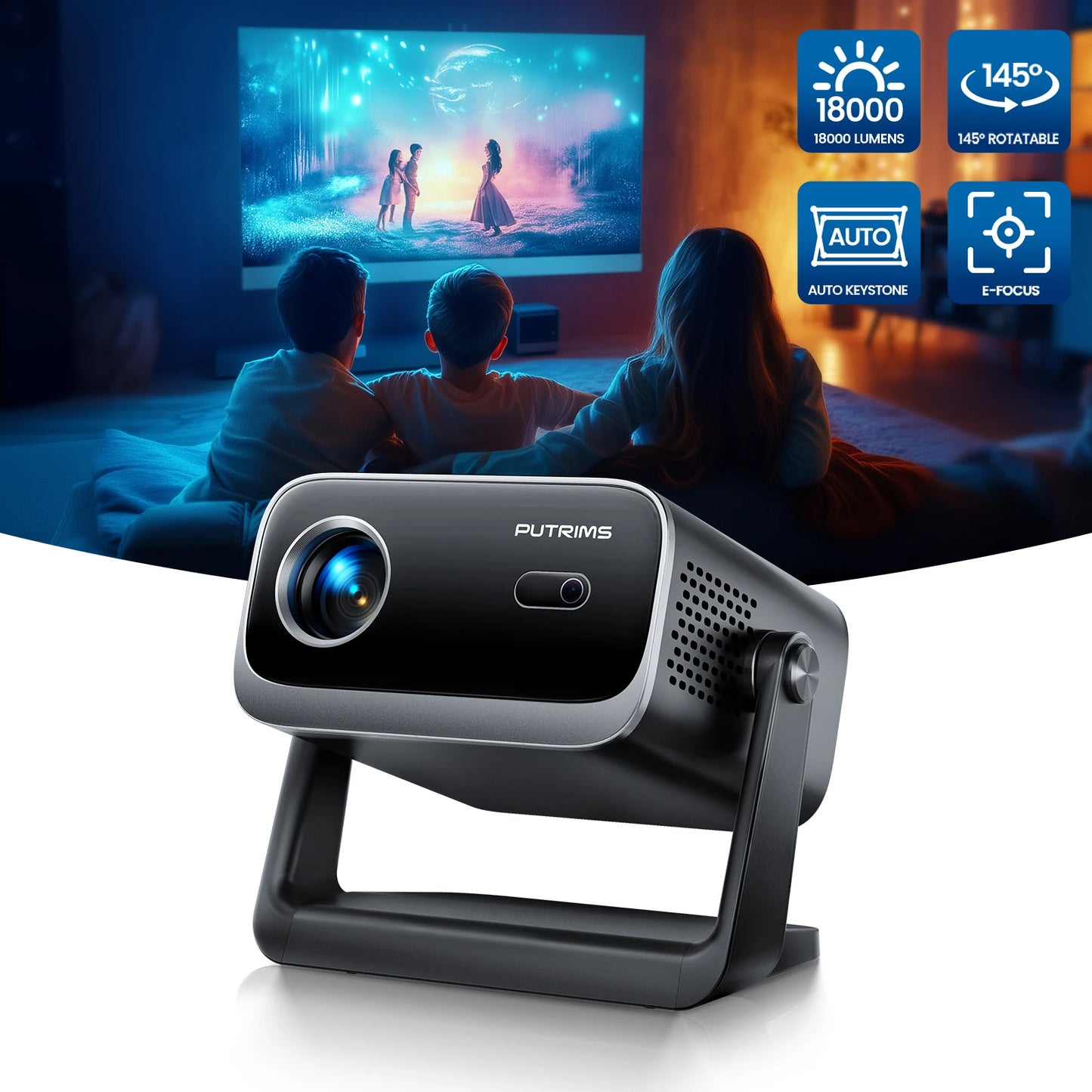 Mini Vidéoprojecteur, 18000 Lumens Projecteur, Vidéoprojecteur Portable WiFi Bluetooth Full HD Supporte 1080P avec Angle 145° Projecteur Home Cinéma Electric Focus/Auto Keystone