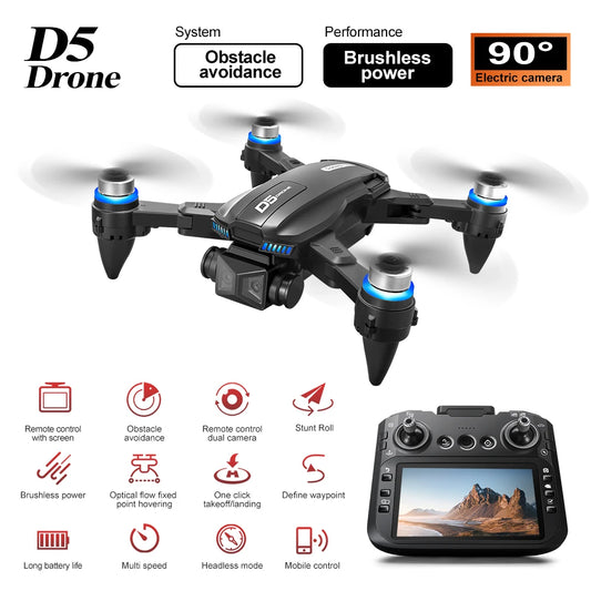 Nouveau Drone D5 4K professionnel HD double caméra sans brosse évitement d'obstacles pliable avec contrôle d'écran quadrirotor Dron RC jouets