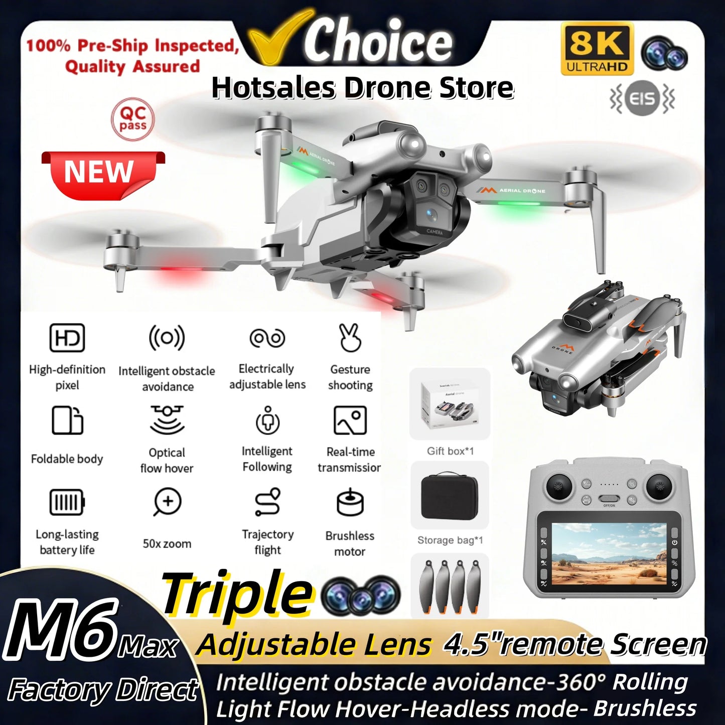 2026 nouveau Drone M6 8K Triple objectif HD 4.5 "télécommande évitement d'obstacles Quad axe photographie aérienne avion enfant enfants jouet