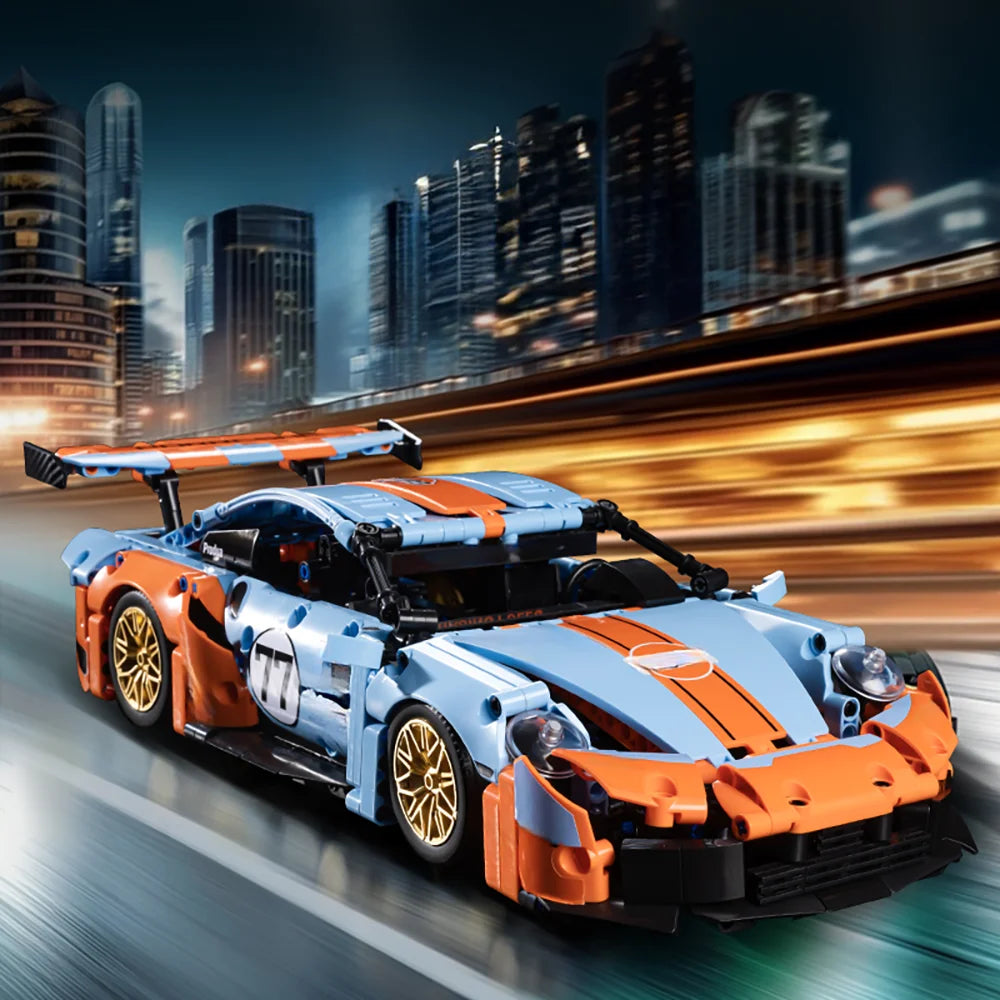 Supercar de bloc de construction orange-bleu 1:14, modèle de voiture à assembler en plastique ABS, cadeau d'anniversaire/noël/Halloween/ Thanksgiving