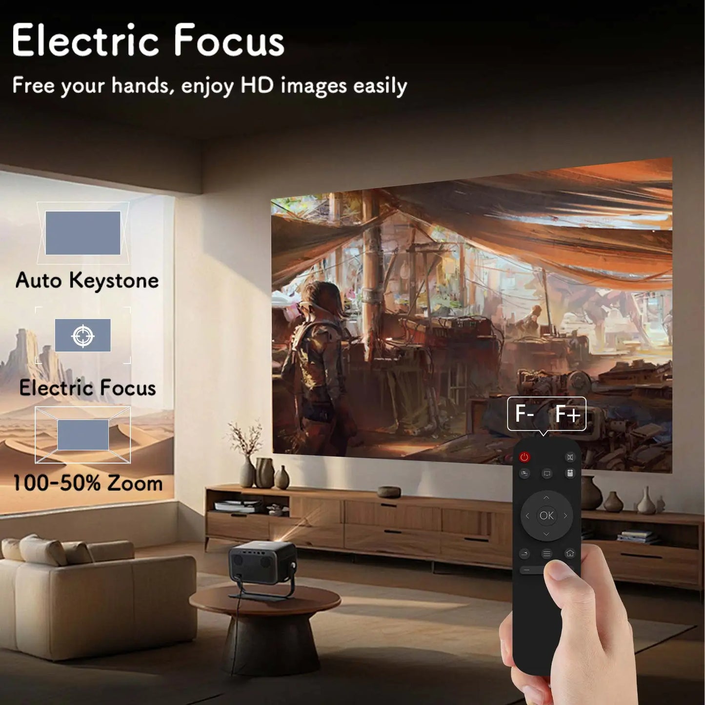 Mini projecteur mural 4K, projecteur de films extérieur Portable avec Wi-Fi intégré, haut-parleur et Keystone numérique, HDMI/BT,