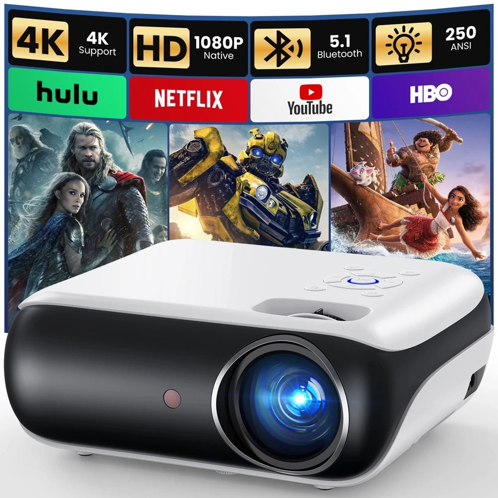 Projecteur Bluetooth HAPPRUN natif 1080P, projecteur de films extérieur portable Full HD avec haut-parleur intégré, avec HDMI, USB, AV
