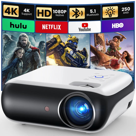 Projecteur Bluetooth HAPPRUN natif 1080P, projecteur de films extérieur portable Full HD avec haut-parleur intégré, avec HDMI, USB, AV