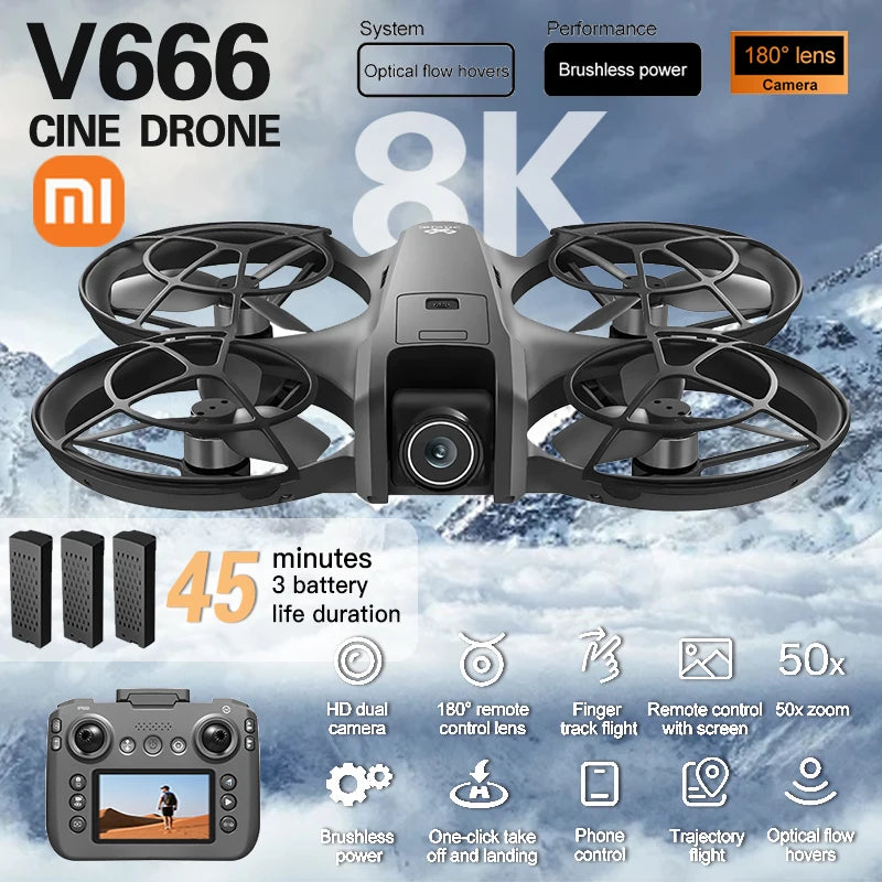 Xiaomi V666 Mini Drone 4K – 5G WiFi FPV, Obstacle Avoidance, Brushless Motor, Altitude Hold, Foldable RC Quadcopter + 3 Batteries