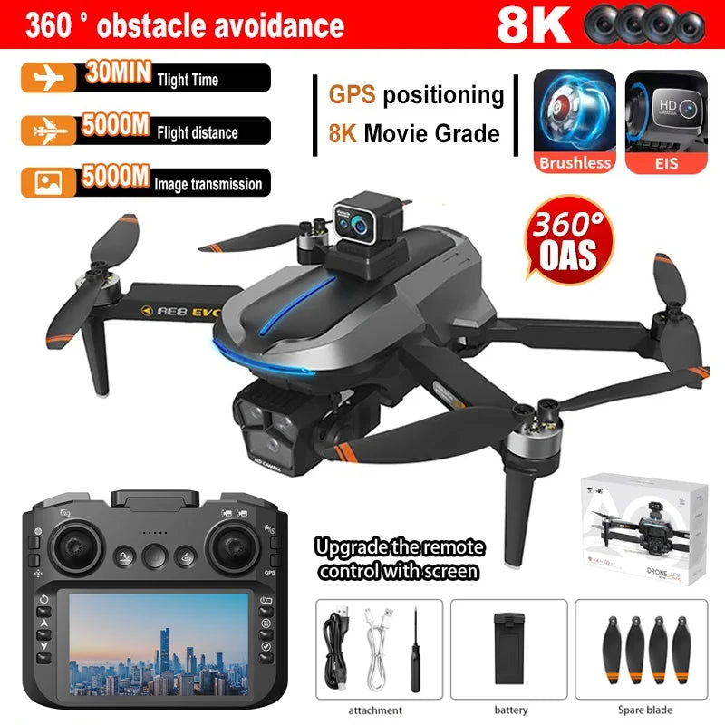 AE8 EVO GPS Drone 4K double caméra professionnelle HD avec écran 5G WIFI 360 ° Drones FPV quadrirotor Rc sans balais pour éviter les obstacles