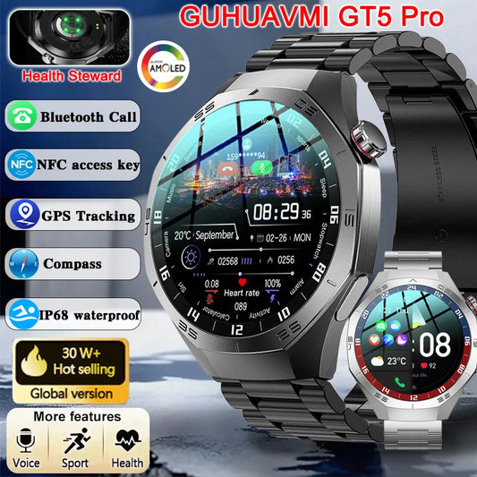 GUHUAVMI GT5 Pro Smart Watch for Men – 1.52" HD AMOLED Display, GPS Motion Tracking, Bluetooth Call, Heart Rate & Fitness Monitoring, IP68 Waterproof