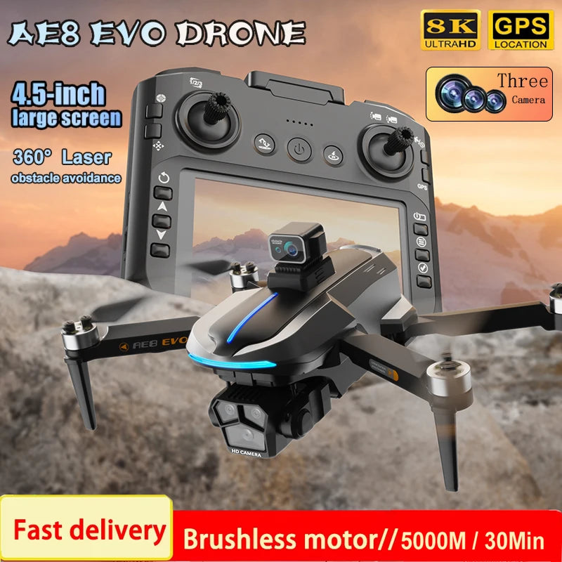 AE8 EVO GPS Drone 4K double caméra professionnelle HD avec écran 5G WIFI 360 ° Drones FPV quadrirotor Rc sans balais pour éviter les obstacles