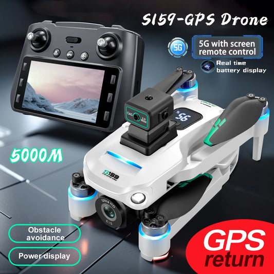 Drone GPS S159 professionnel 360 °   Évitement d'obstacles sans brosse 8K HD double caméra avec écran 5G WIFI FPV Dron pliable quadrirotor